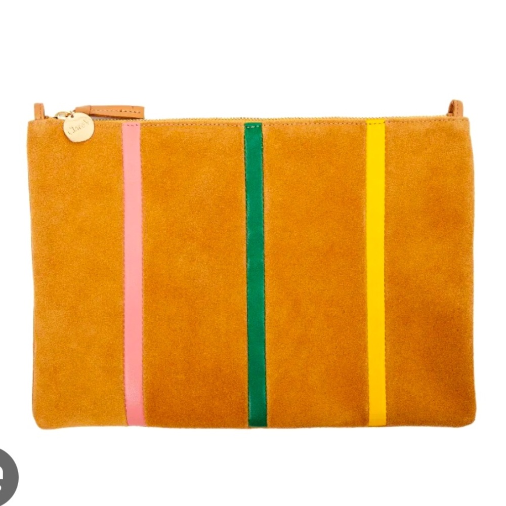Clare V. | Flat Clutch with Tabs, Camel Suede with Stripes